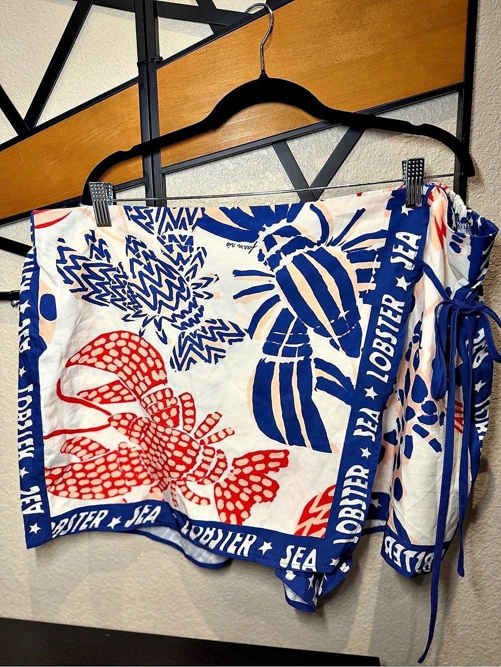 Lobster Print Linen Blend Wrap Skort  White & Blue 4XL
